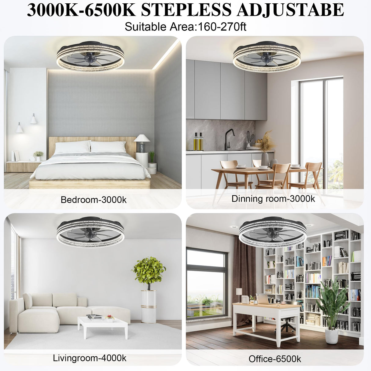 DIAMONDFORGE Smart Ceiling Fans with Lights Remote - WiFi Alexa 20'' Flush Mount Low Profile Modern Ceiling Fans for Bedroom -Stepless Color Temperature and 6 Speeds - Crystal Stripe DIAMONDFORGE