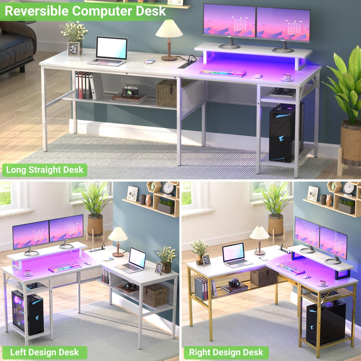 Unikito 55 Inch Reversible L-Shaped Desk with Power Outlets & Smart RGB LED Light - Elegant Corner Computer & Gaming Table in White Unikito