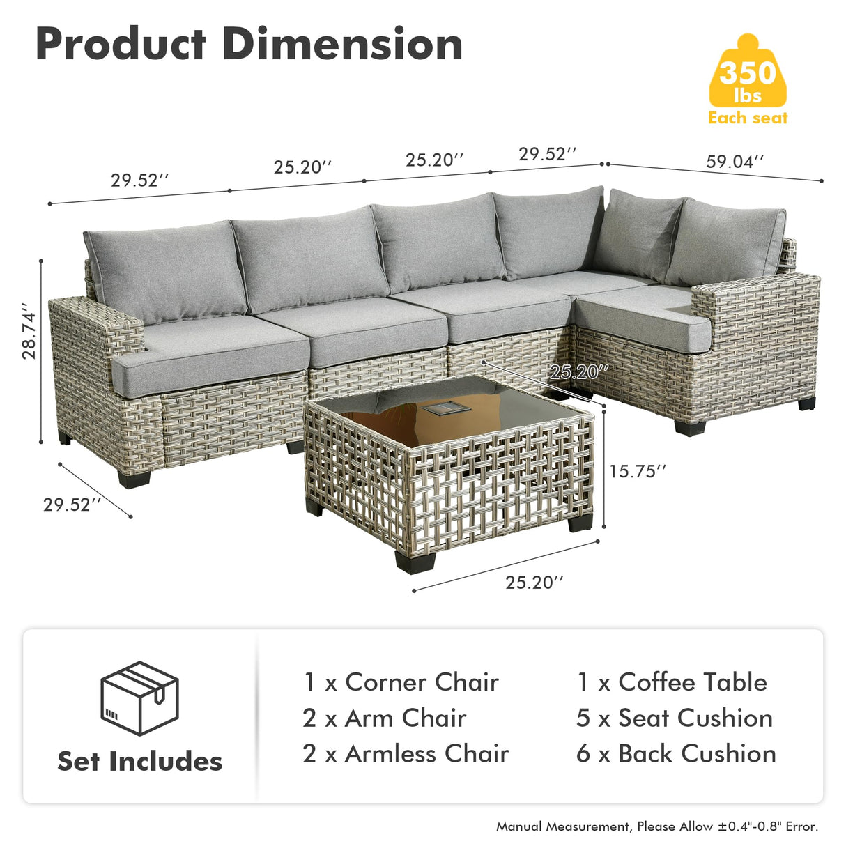 HOOOWOOO Outdoor Sectional Patio Furniture Set,6 Pieces Wicker Conversation Sets L Shaped Couch,Extra Deep Out Door Sofa Outside Furniture,Charcoal Grey HOOOWOOO