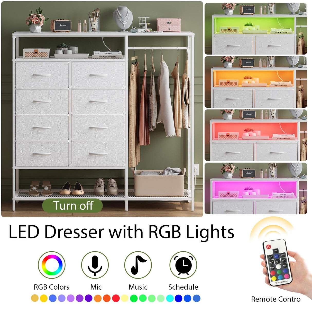 White Dresser for Bedroom with 8 Drawers, Bedroom Dresser with Hanging Rack, Clothes Dresser with Led Lights, Closet Dresser with Charging Station, 47 Inch Dresser with Shelves for Bedroom, Closet Harpaq