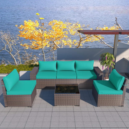 RTDTD Outdoor Patio Furniture Set, 6 Pieces Outdoor Furniture All Weather Patio Sectional Sofas PE Wicker Modular Conversation Sets with Coffee Table,5 Chairs & Seat Clips Turquoise Blue. - WoodArtSupply