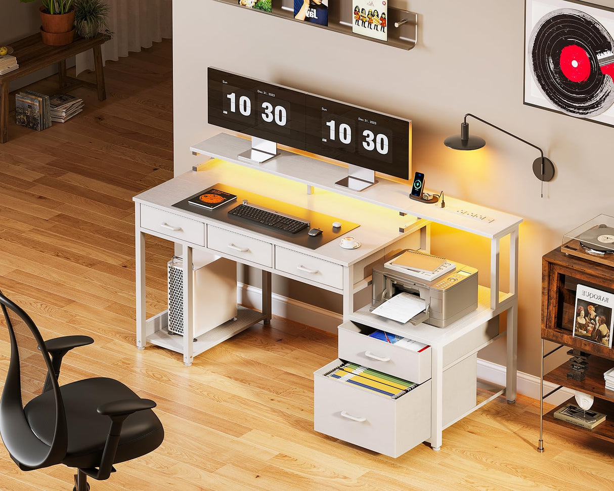 AODK 55 Inch Computer Desk with 3 Drawers and File Cabinet for Storage, Office Desk with Monitor Stand and LED Lights, Home Office Desks, White AODK