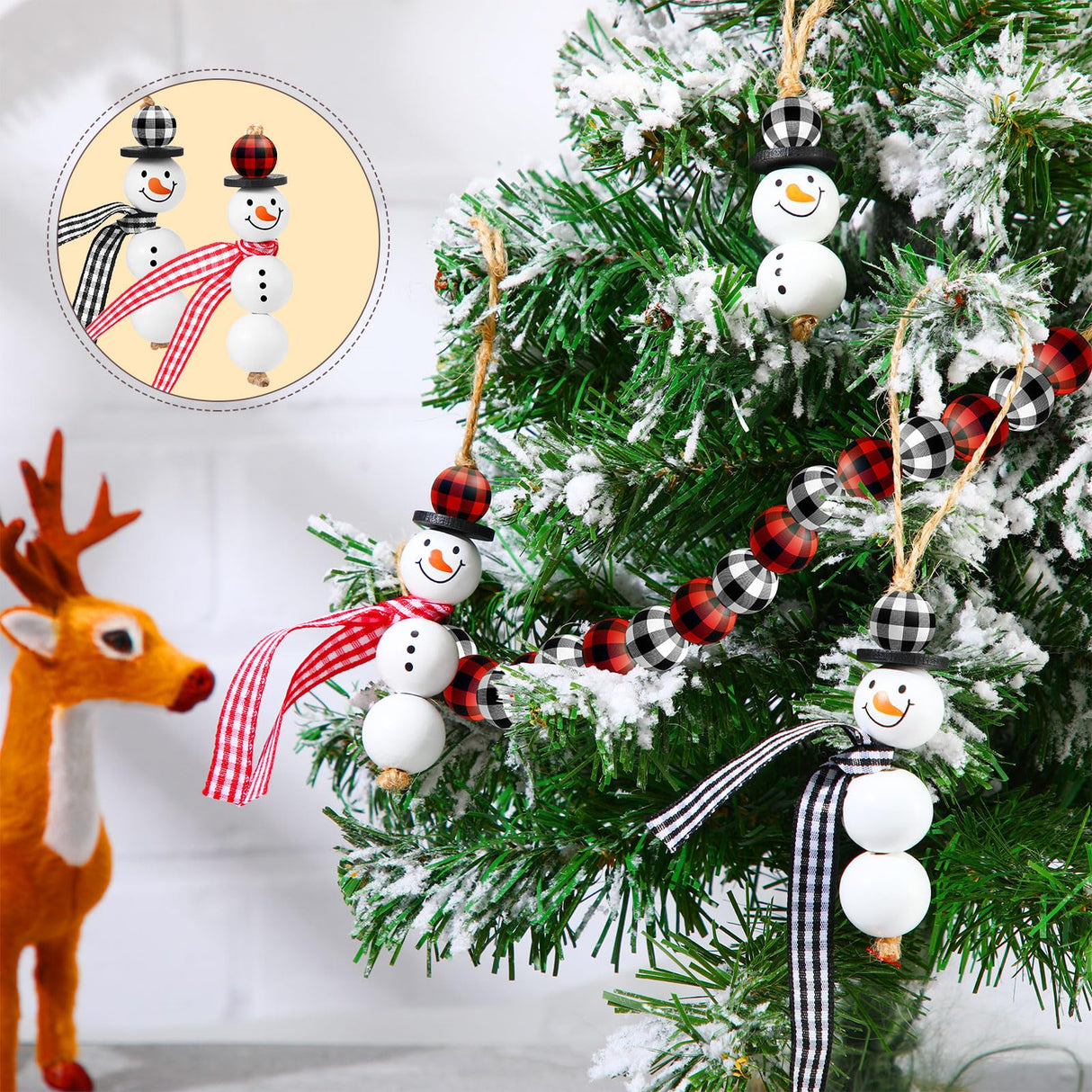 Landical 180 Piece DIY Christmas Snowman Wooden Bead Crafts Christmas DIY Ornaments Red Black Buffalo Plaid Wood Round Bead Xmas Print Wooden Beads with Twine Scarf for Crafts Landical