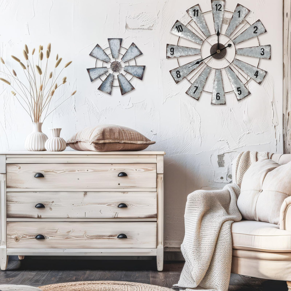 Wesiti 3 Pcs Metal Windmill Clock Large Farmhouse Wall Decor Clock 20 Inches Rustic county Wall Decor for Farmhouse Kitchen Living Room Bedroom Nursery Home Wesiti