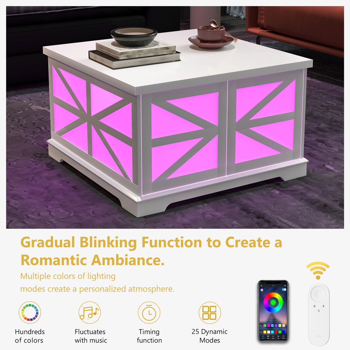 Farmhouse LED Coffee Table for Living Room, Modern Square Coffee Table with Storage, White Coffee Table Decor, Small Wood Coffee Table, Unique Coffee Cabinet for Office, Reception Room yesasin