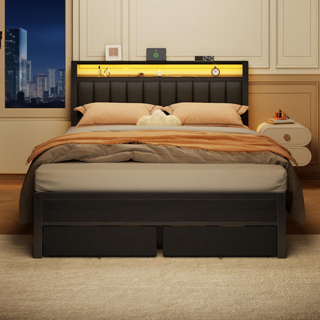 Furnulem Queen Bed Frame with Charging Station and LED Lights, Grey Upholstered Headboard with Shelves, Metal Platform Bed with 2 Under-Bed Storage (Fabric Drawer on Wheels), No Box Spring Needed Furnulem