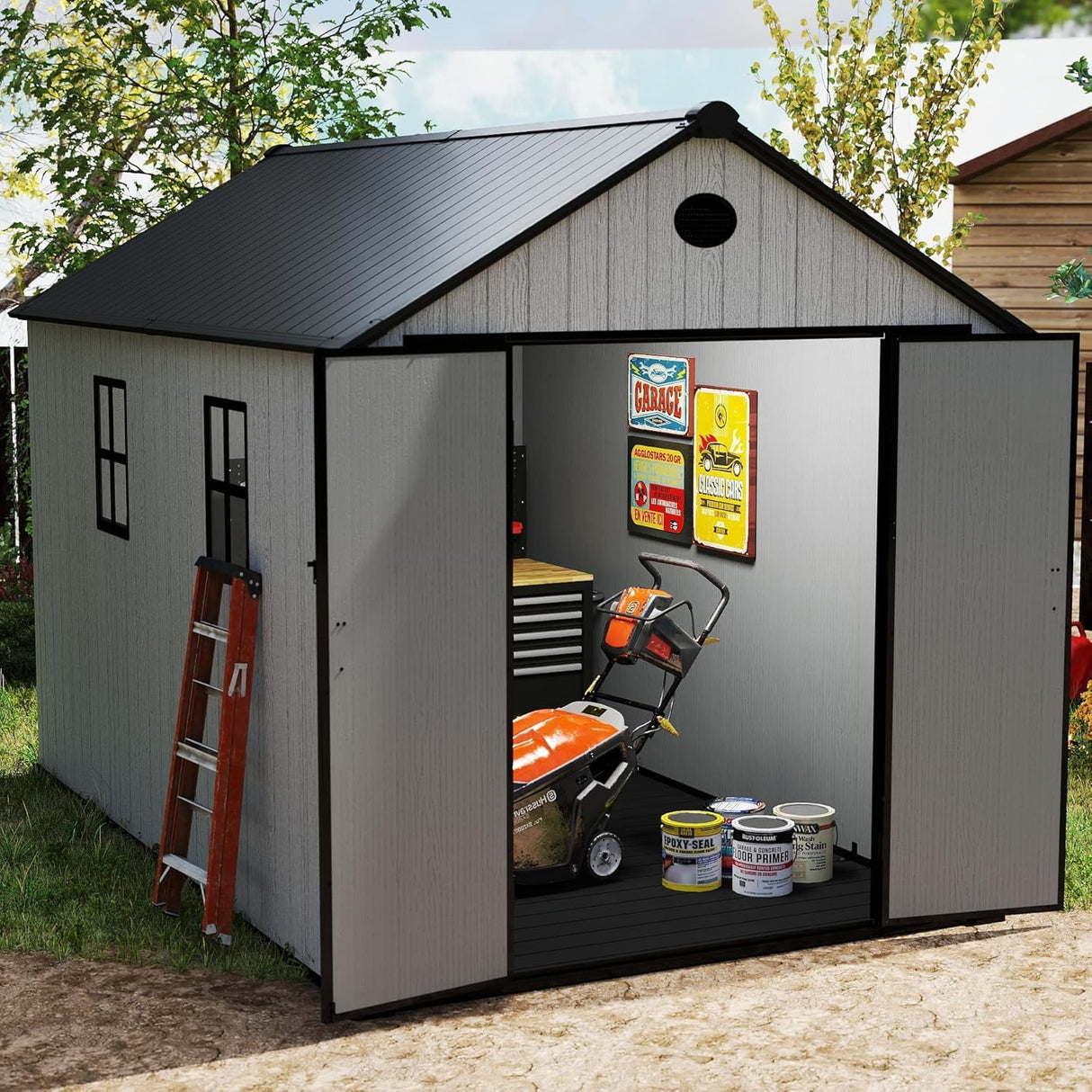 ZYJOYY 7.3 x 12 FT Shed Resin Outdoor Storage with Floor, 566 cuft Plastic Shed with Window and Lockable Door for Garden, Backyard, with Wood Texture, Grey ZYJOYY