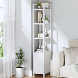 KLUVIS White Narrow Bookshelf with 3 Drawers - 4 Tier Thin Book Shelf for Small Spaces Skinny Shelves Slim Farmhouse Fabric Drawer 60 inch Tall (04W) KLUVIS
