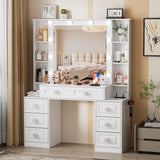 FURNJOYLIFE Farmhouse Makeup Vanity with Lighted Mirror & Charging Station, Vanity Desk Dresser Table with 3 Lighting Modes Brightness Adjustable,Drawers,Shelves,Hair Dryer Stand for Bedroom,White FURNJOYLIFE