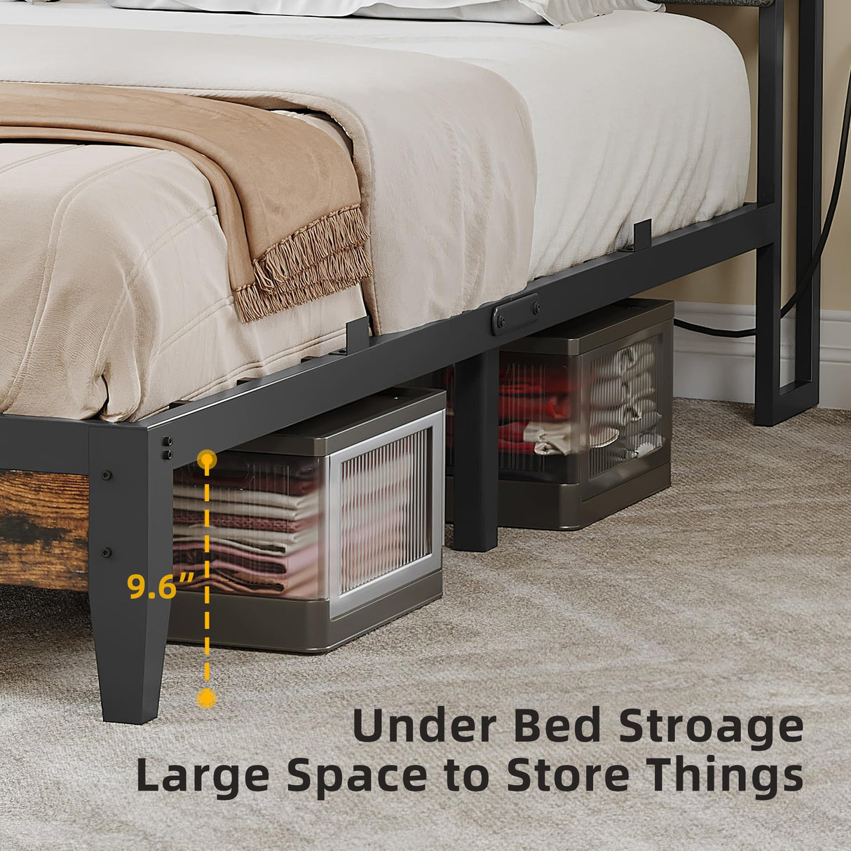 DWVO King Size Bed Frame with Charging Station, 2-Tier Storage Headboard with RGB LED Lights, Linen Upholstered Platform Bed Strong Wooden Slats, No Box Spring Needed Noise Free, Rustic Brown DWVO