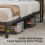 DWVO King Size Bed Frame with Charging Station, 2-Tier Storage Headboard with RGB LED Lights, Linen Upholstered Platform Bed Strong Wooden Slats, No Box Spring Needed Noise Free, Rustic Brown DWVO