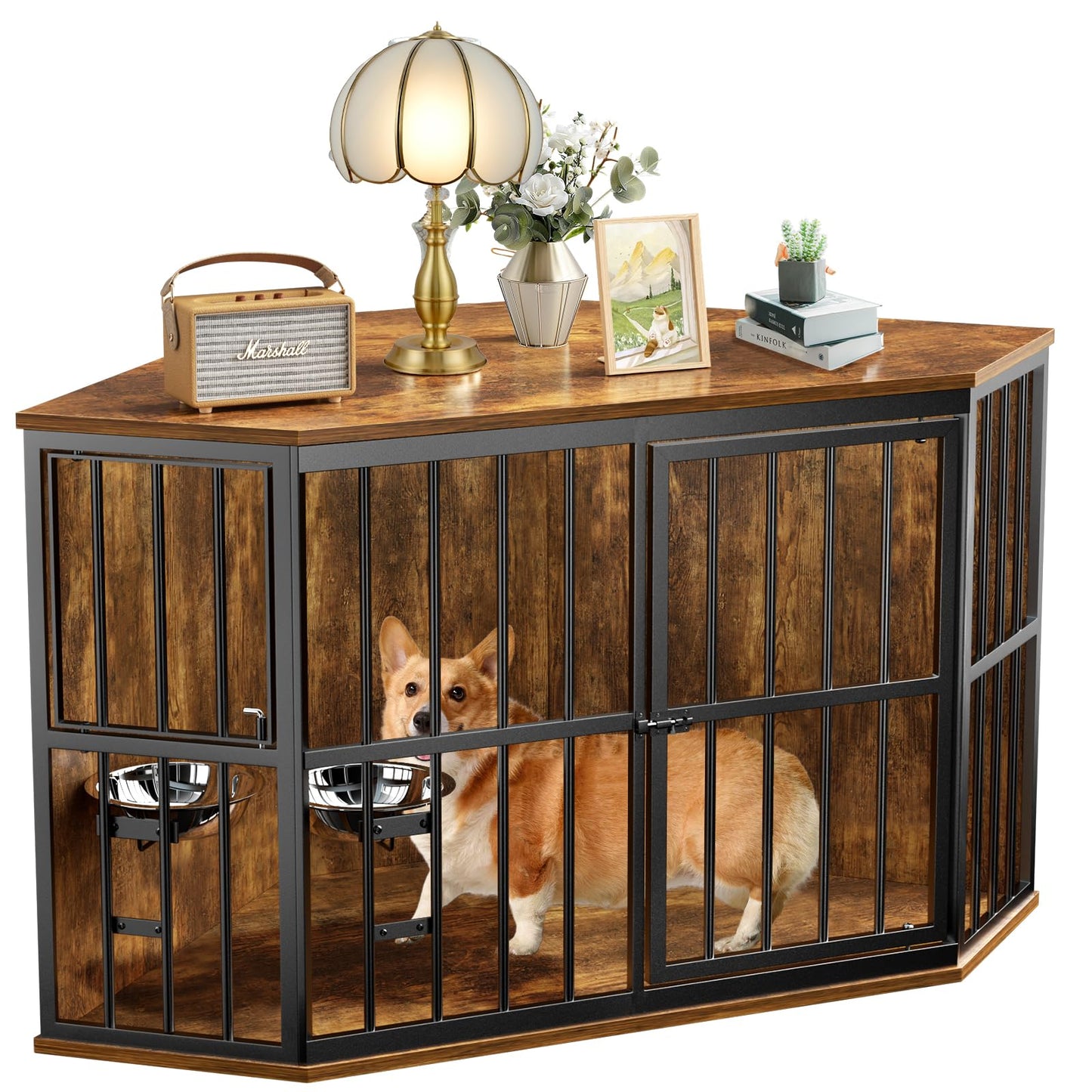 MODCART Medium Dog Crate Furniture, 42” Heavy Duty Corner Dog Crate with 2 Stainless Steel Bowls, Dog Kennel Furniture Style House, Wooden Decorative Pet House End Side Table, Chew-Resistant, - WoodArtSupply