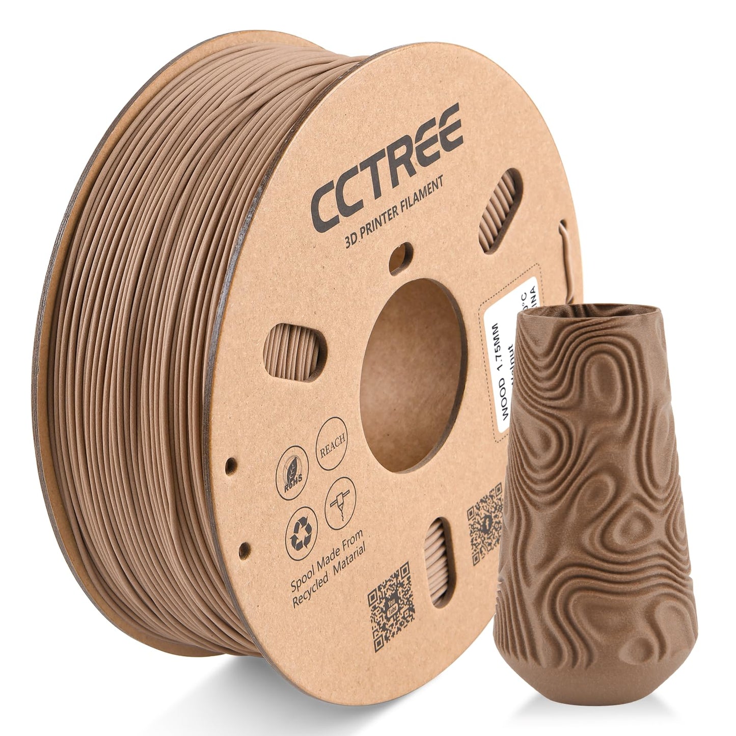 CCTREE Wood PLA Filament 1.75mm, 3D Printer PLA Plus(PLA+) with Real Wood Fiber Wood Texture Filament, Dimensional Accuracy +/- 0.02mm, 1kg Spool(2.2lbs), Fit Most FDM 3D Printers, Wood Walnut