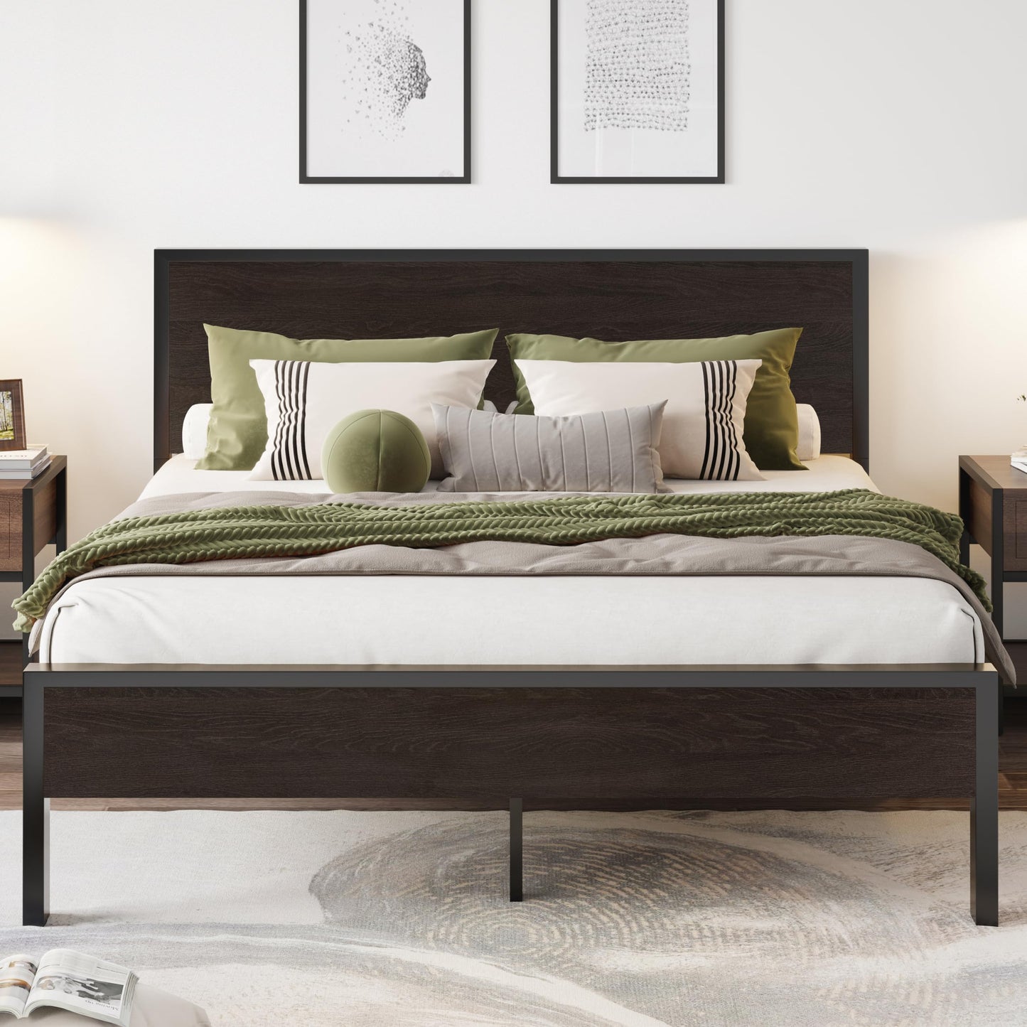 SHA CERLIN Heavy Duty Queen Bed Frame with Headboard and Under-Bed Storage - Black Oak - WoodArtSupply