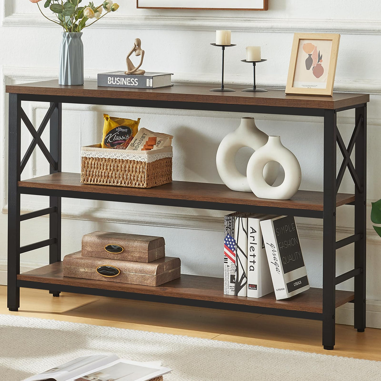 HOMBAZAAR Entryway Console Table,Industrial Console Table with Storage for Entryway,Rustic Sofa Table with 3 Tier Wide Shelf and Metal Frame, Hallway Table for Entryway,Living Room,Brown,47'' HOMBAZAAR