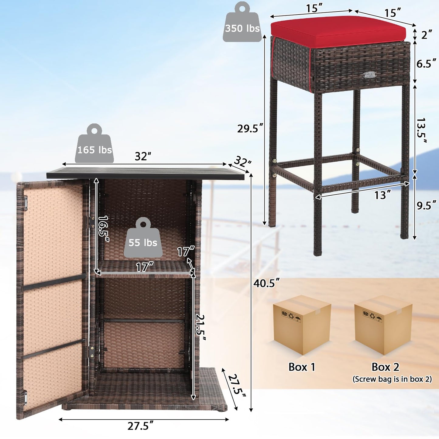 RELAX4LIFE 5-Piece Weatherproof Red Wicker Bar Set with Storage & Cushions for Outdoor Dining - WoodArtSupply