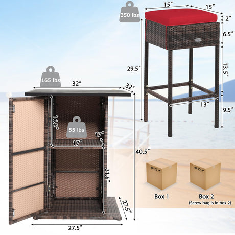 RELAX4LIFE 5-Piece Weatherproof Red Wicker Bar Set with Storage & Cushions for Outdoor Dining RELAX4LIFE