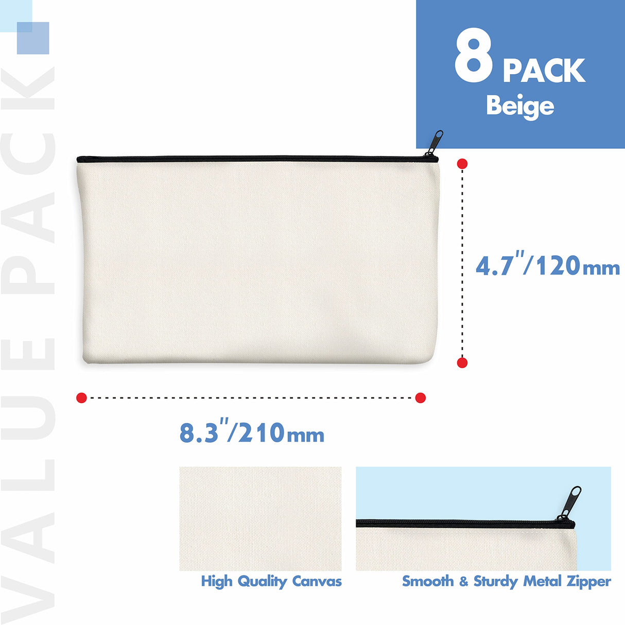 15 Pack Blank Cotton Canvas DIY Craft Zipper Bags Pouches Pencil Case for Makeup Cosmetic Toiletry Stationary Storage (off white, 8.3” x 4.7”) Vantasii