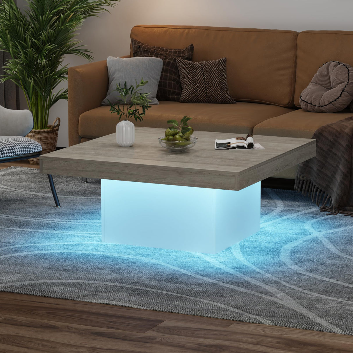 GarveeHome Square Coffee Table with Led Lights, 35 in Living Room Tables, Modern Coffee Tables with Plug-in 16-Color LED Lights, Cocktail Table for Home Office, Apartment, Reading Room GarveeHome