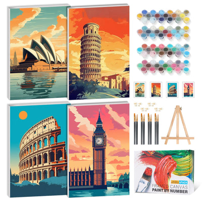 4 Pack Framed Paint by Numbers Kit for Adults with Wooden Easel, Vintage Travel Adult Paint by Number Kits on Canvas with Frame for Beginner, Cityscape Painting by Numbers for Home Decor 8 x 12 inch