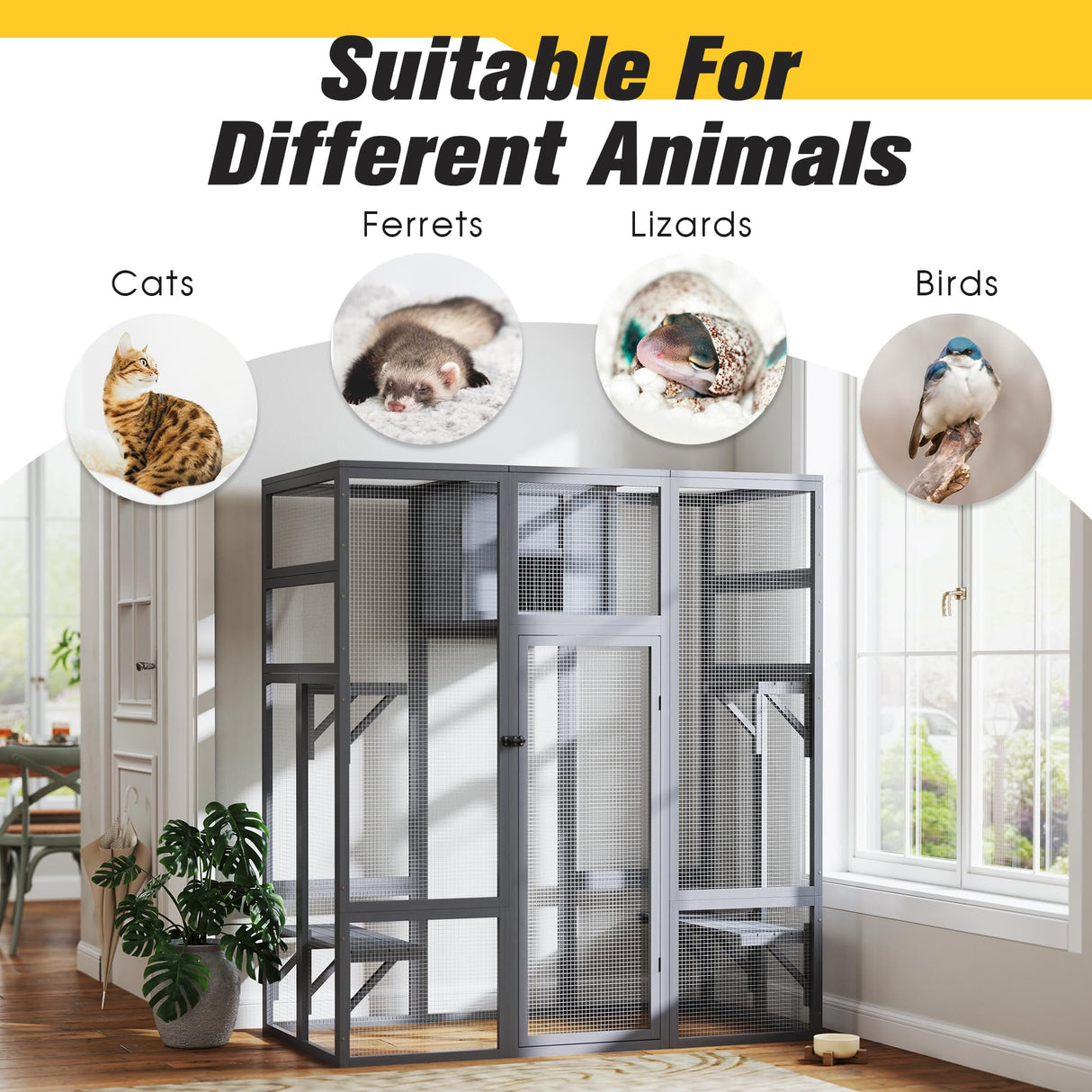 COZIWOW Upgraded Extra Large Cat Catio Equipped 4-Way Pet Door, Outdoor Wood Kitty Cage House with Insulation Condo, Patio Window Attach Cat Enclosure Playpen w/Weatherproof PVC Cover, Gray COZIWOW