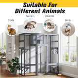 COZIWOW Upgraded Extra Large Cat Catio Equipped 4-Way Pet Door, Outdoor Wood Kitty Cage House with Insulation Condo, Patio Window Attach Cat Enclosure Playpen w/Weatherproof PVC Cover, Gray COZIWOW