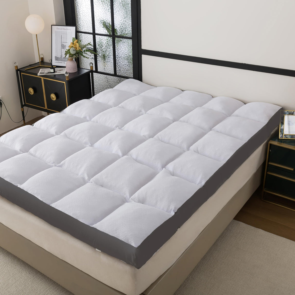 WhatsBedding Mattress Topper King Size Memory Foam Filled Warming Cooling Fluffy & Soft Memory Foam Pillow Top, Anti-Slip Bottom, 4 Elastic Straps, 80x78 Inch, King WhatsBedding