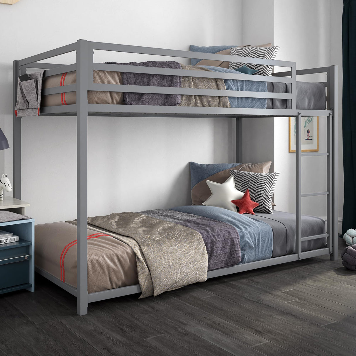 DHP Miles Silver Low Metal Bunk Bed Frame for Kids - Twin Over Twin with Built-in Ladder and High Guardrails DHP