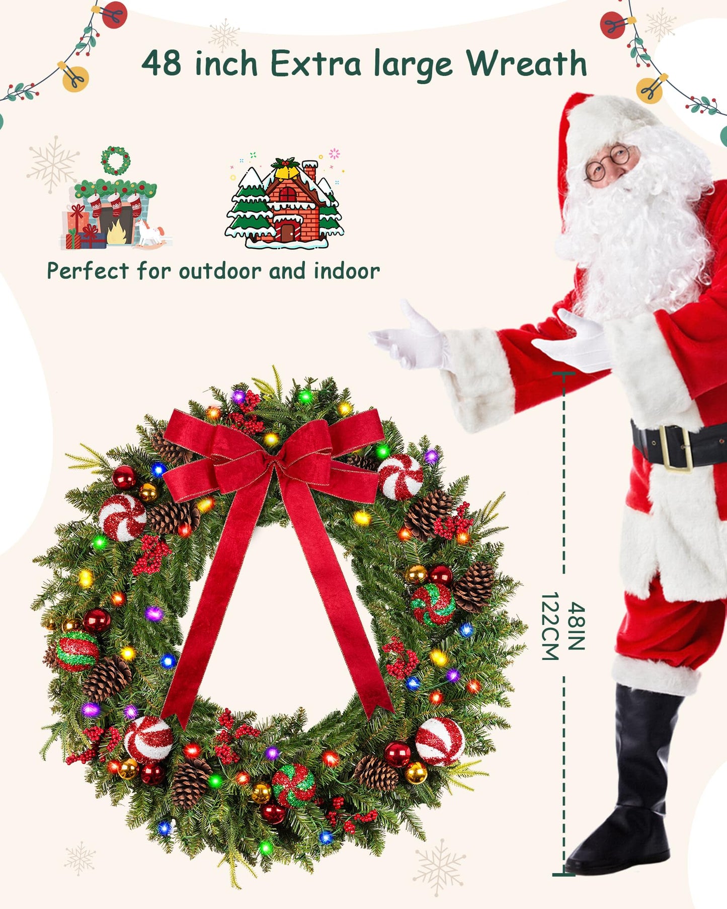 DDHS 48in Christmas Wreath, Pre-Lit Christmas Wreath with 200 LED Lights, 11 Light Modes, Red Bow, Ornament Balls, Large Artificial Christmas Wreaths for Mantel Front Door Outdoor