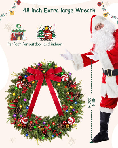 DDHS 48in Christmas Wreath, Pre-Lit Christmas Wreath with 200 LED Lights, 11 Light Modes, Red Bow, Ornament Balls, Large Artificial Christmas Wreaths for Mantel Front Door Outdoor