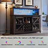 OKD Farmhouse Coffee Bar Cabinet with LED Lights, 55" Sideboard Buffet Table w/Sliding Barn Door & Wine and Glass Rack, Home Liquor Bar w/Storage Shelves for Dining Room,Dark Rustic Oak OKD