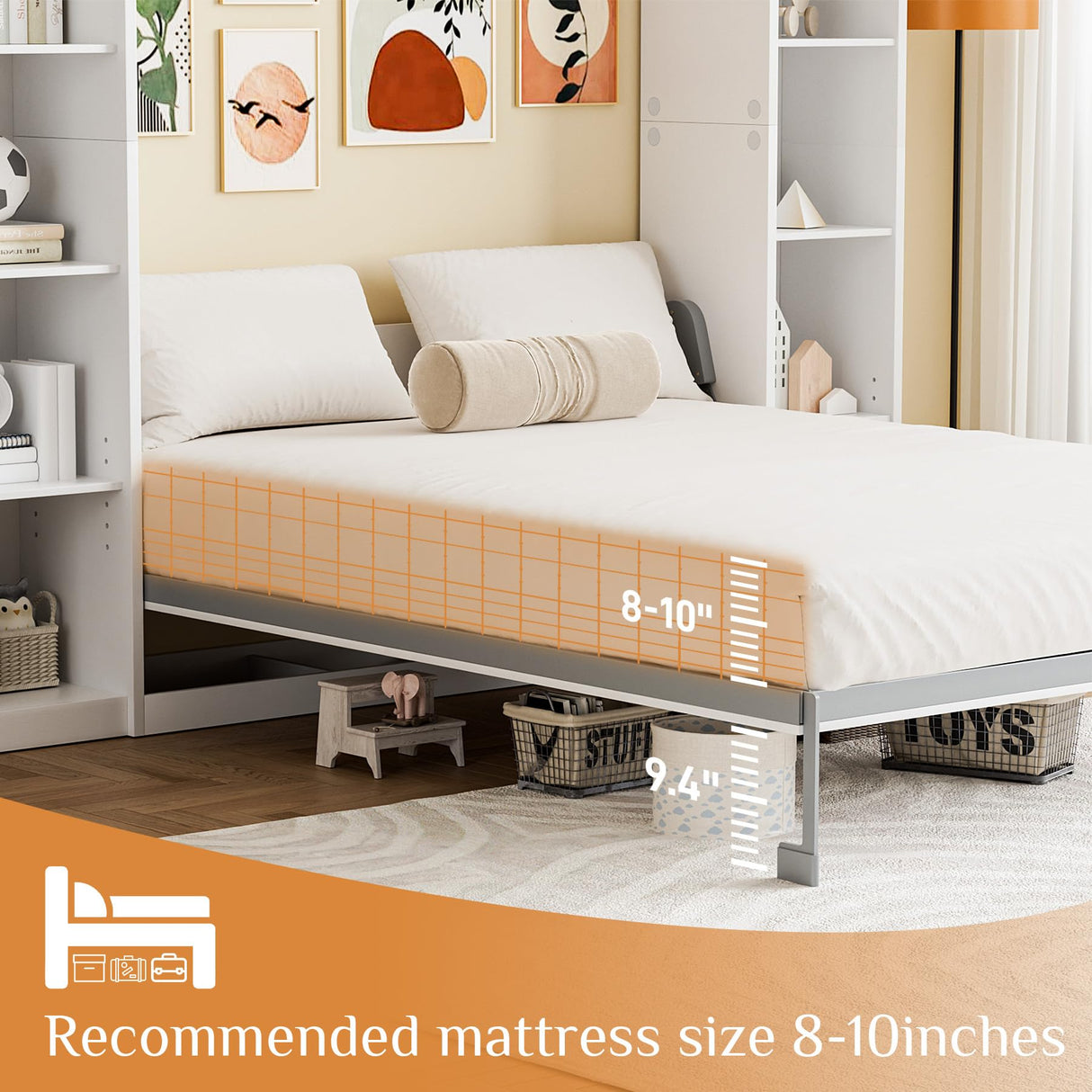 BEQAI Murphy Bed Queen with Storage Bookcase & 4 Adjustable Shelves, Queen Murphy Bed Cabinet Bed, Foldable Space Saving Furniture Beds, Wood Wall Bed for Guest Room, Bedroom, White BEQAI