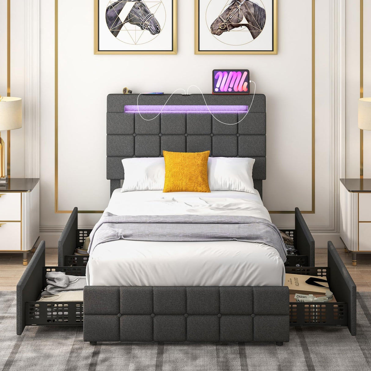 Giantex Twin Bed Frame with LED Lights and 4 Drawers, Upholstered Platform Bed Frame with USB Ports, Tufted Adjustable Headboard Design, Solid Wooden Slat Support, No Box Spring Needed Giantex