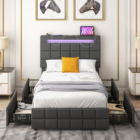 Giantex Twin Bed Frame with LED Lights and 4 Drawers, Upholstered Platform Bed Frame with USB Ports, Tufted Adjustable Headboard Design, Solid Wooden Slat Support, No Box Spring Needed Giantex