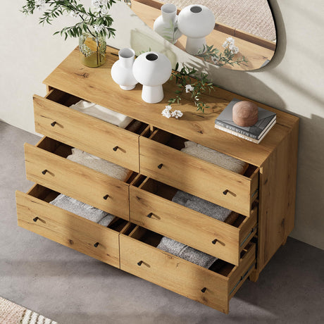 WAMPAT Dresser with 6 Drawers for Bedroom, Wooden Kids Dressers with Wide Chest of Drawers, Modern Closet Storage Organizer Furniture with Solid Wood Legs for Living Room, Hallway, Nursery, Oak Brown WAMPAT