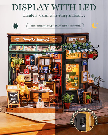 Rolife DIY Miniature House Kit 1:18 Coffe&Bar Dollhouse Diorama Model, Build Mini House Building Kit with LED Light Hobby Crafts for Adults Gift for Him Her (Tipsy Restaurant) Rolife