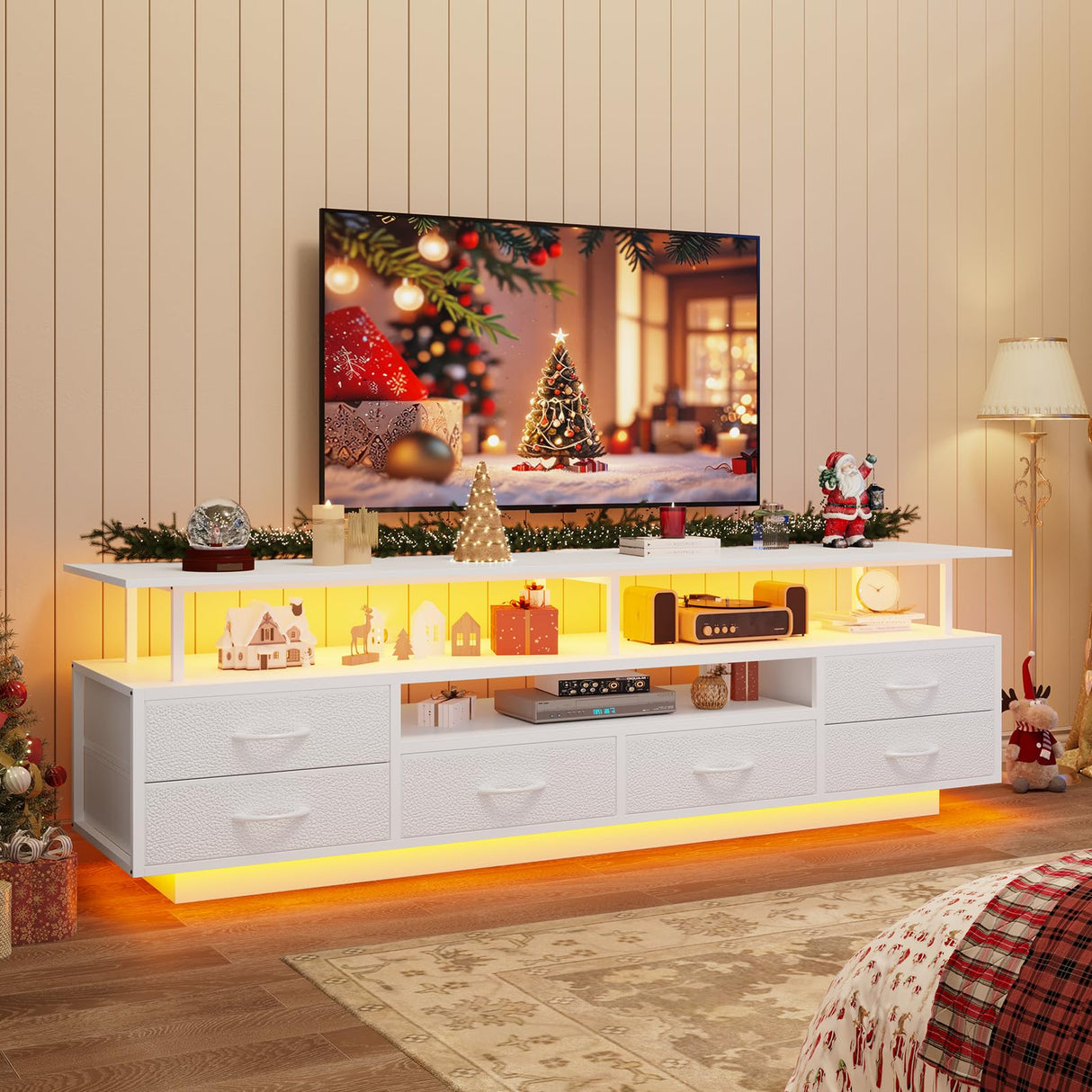 BTHFST LED TV Stand with Power Outlets for 65 70 Inches TVs, Entertainment Center with Open Shelves & 6 PU Fabric Drawers, TV Media Console Table for Living Room, Bedroom, White BTHFST