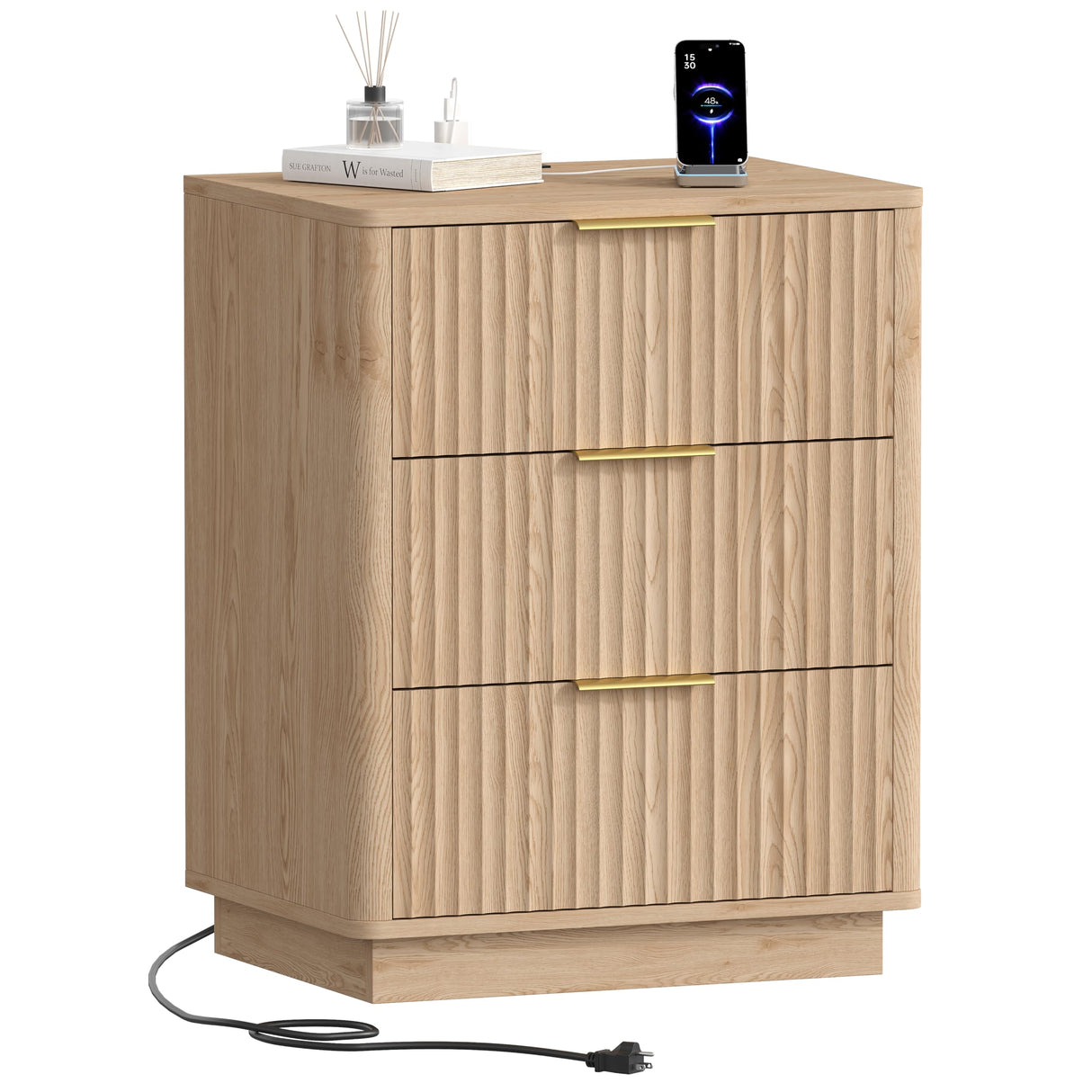 Rovaurx 21.7" Wide Fluted Nightstand with Charging Station, Mid Century Bedside Table with 3 Drawers, Oversized End Table for Bedroom, Curved Profile Design, Natural RCTG115ME Rovaurx