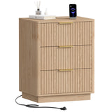 Rovaurx 21.7" Wide Fluted Nightstand with Charging Station, Mid Century Bedside Table with 3 Drawers, Oversized End Table for Bedroom, Curved Profile Design, Natural RCTG115ME Rovaurx