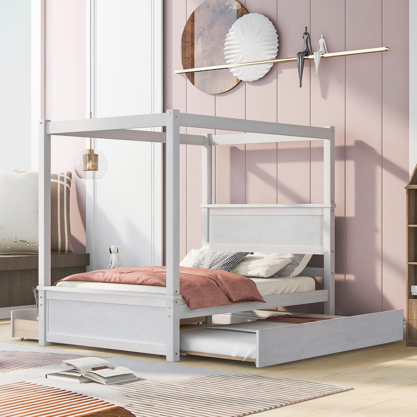 Full Size Canopy Bed with Trundle and 2 Storage Drawers, 4-Post Wood Full Platform Bed Frame with Headboard, No Box Spring Needed (Full, Brushed White)