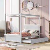 Stylish Full Size Canopy Bed with Trundle and Storage Drawers in Brushed White Bellemave