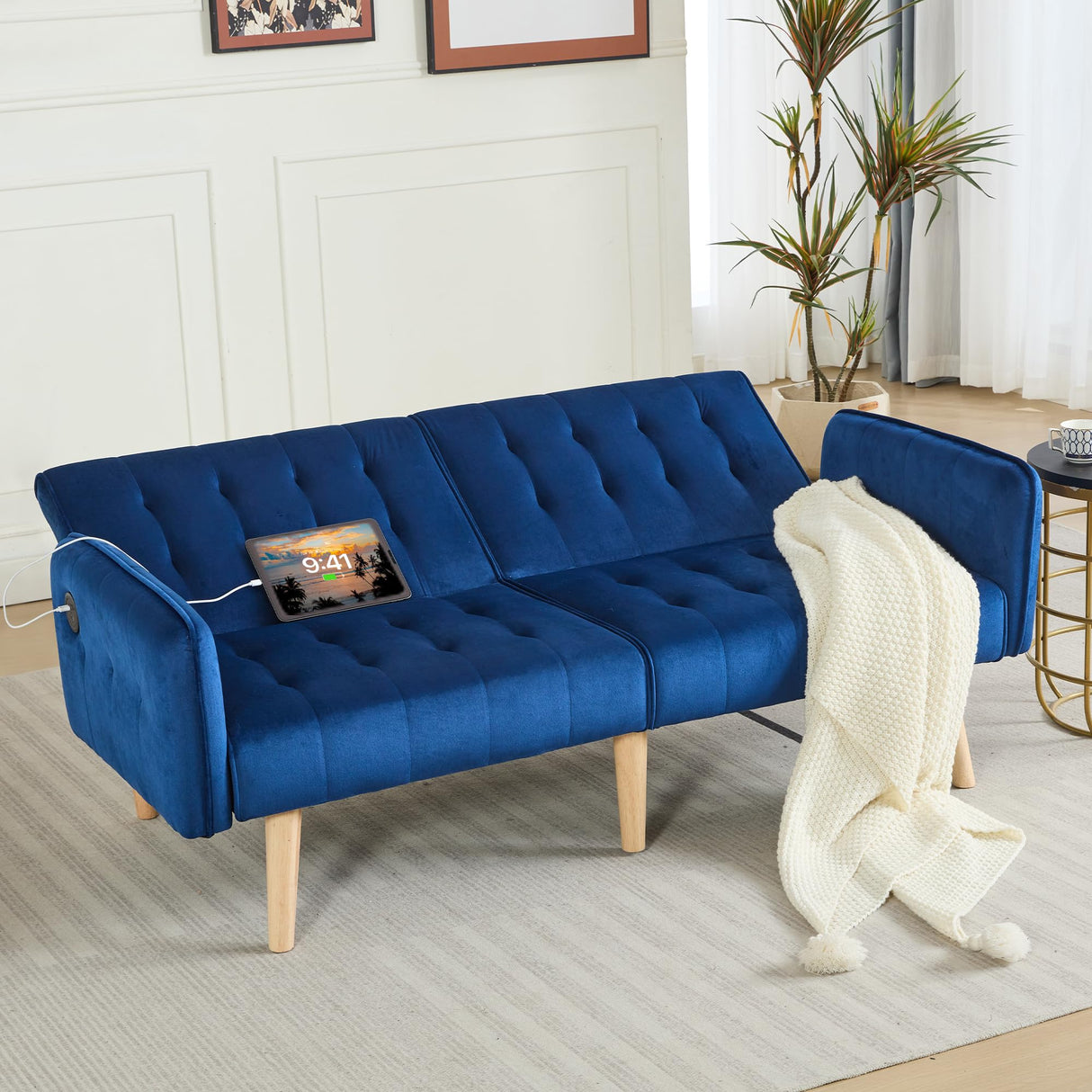 TYBOATLE 65" W Velvet Modern Convertible Folding Futon Couch Sofa Bed w/ 2 USB Charging Ports for Compact Living Space, Small Couches for Office, Dorm, RV Room, Apartment, Bedroom (Navy Blue) TYBOATLE