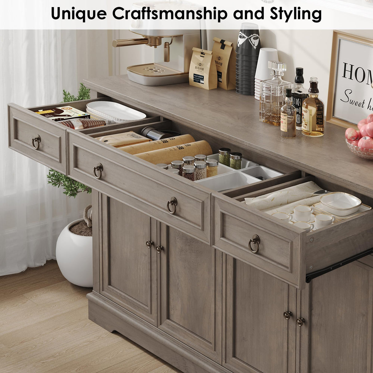 finetones Buffet Cabinet with Storage, 55.1" Large Sideboard Buffet Cabinet, White Kitchen Cabinet with 3 Drawers and 4 Doors, Wood Coffee Bar Cabinet for Kitchen Dining Room, Ash Grey finetones