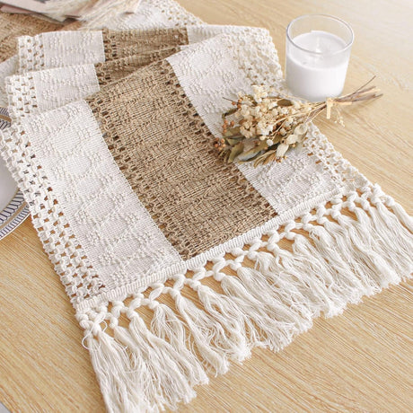 FEXIA Boho Table Runner with Tassels 60 Inches Long Thanksgiving Farmhouse Rustic Cream & Brown Macrame Table Runner for Home Dining Bedroom Bridal Shower Decor(12x60 Inches) FEXIA
