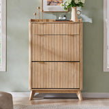 T4TREAM Fluted Shoe Storage Cabinet with 2 Flip Drawers & Top Drawer, 48" Tall Narrow Shoe Organizer, Curved Profile Design, Wooden Shoe Rack for Entryway, Living Room, Hallway - Natural Oak T4TREAM