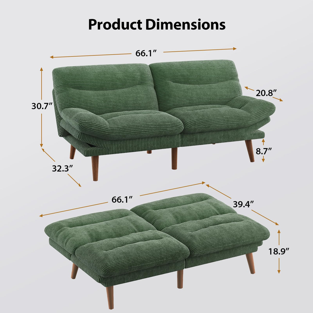 Pipishell Convertible Futon Sofa Bed,66" Corduroy Futon Couch with Adjustable Backrest and Armrests, Recliner Sleeper Sofa for Small Spaces, Play Room or Office, Green Pipishell