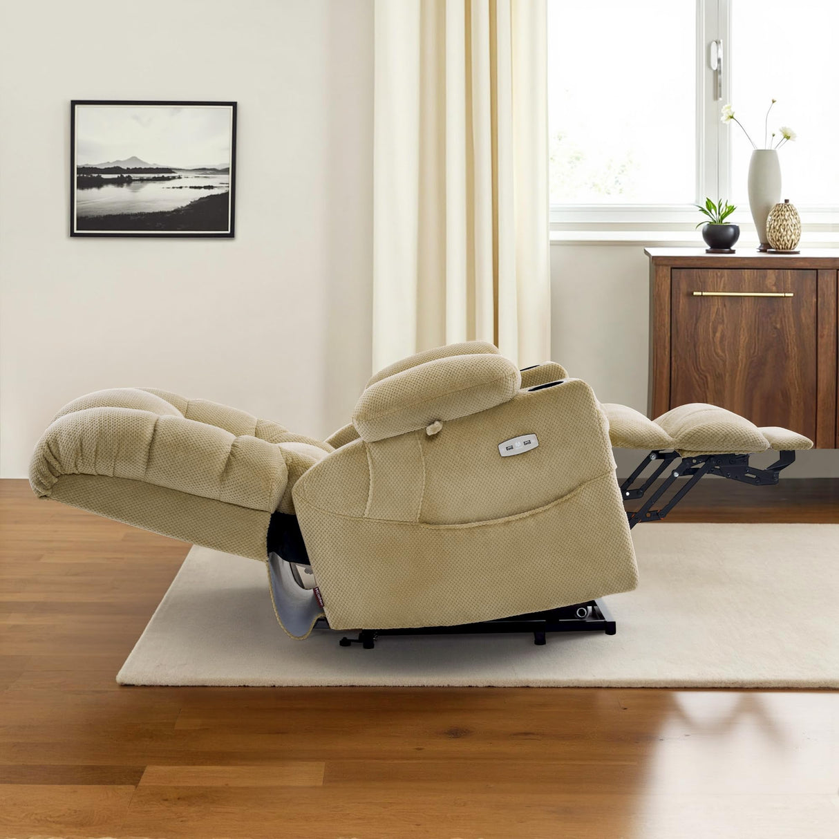 MCombo Large Triple Motor Power Lift Recliner Chair with Massage and Dual Heating, Adjustable Headrest for Tall Elderly People, Fabric 7634 (Beige, Large) MCombo