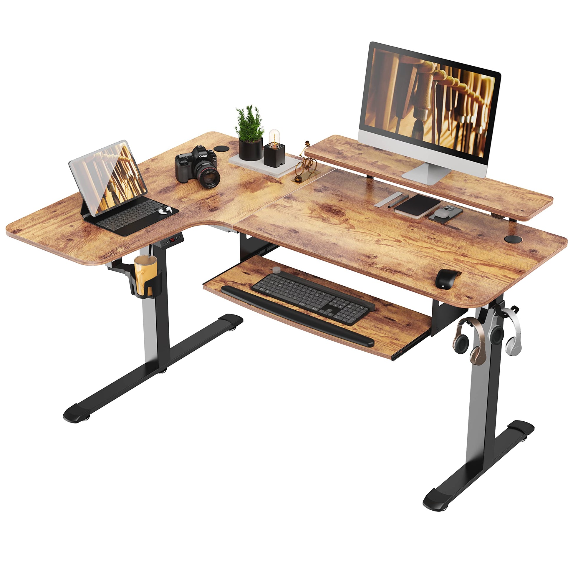 EUREKA ERGONOMIC Standing Desk with Keyboard Tray, Computer Desk, 61" L Shaped Electric Adjustable Height Desk w Monitor Stand LED, Corner Sit Stand Desk Gaming Desk, Dual Motor,Left/Rustic B - WoodArtSupply