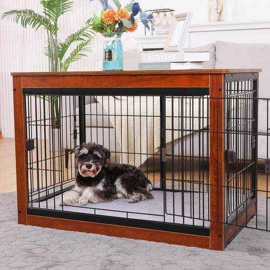 RYpetmia Dog Crate Furniture Style for Small Medium Pets, Wooden Dog cage Table, Heavy Duty, and Three Direction Doors