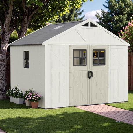 Greesum 10×8 FT Plastic Outdoor Storage Shed with Floor and Lockable Door, Resin Sheds with Windows and Skylights, Weather Resistant Organization for Garden, Lawn, Pool Supplies, Beige Greesum